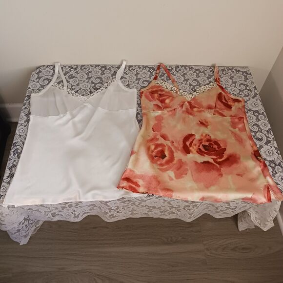 Two Satin Lacy Cami Tops in White & Rose Print - Picture 3 of 11